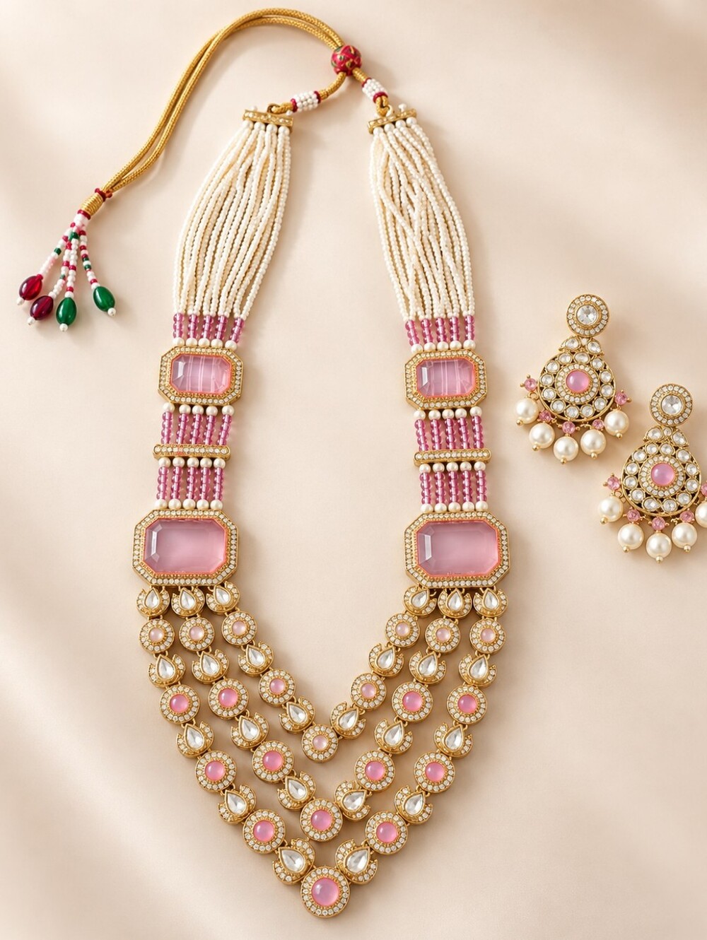 Pink Kundan Layered Necklace & Earrings Set for Wedding, Prom & Party